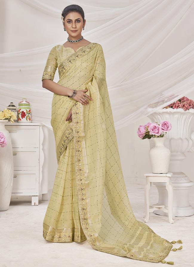 Banarasi Silk Light Yellow Wedding Wear Embroidery Seuqnqce Work Saree